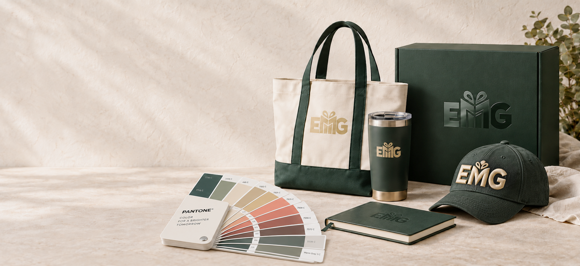 Custom tote, tumbler, cap and notebook with EMG screen print, raised embroidery and debossed branding beside PMS color cards