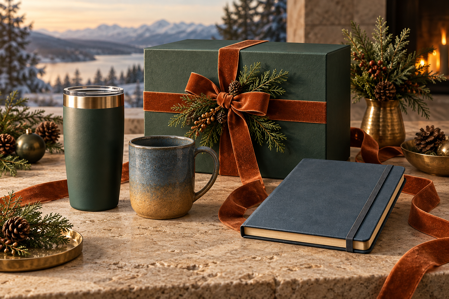Holiday gift box with branded drinkware and notebook